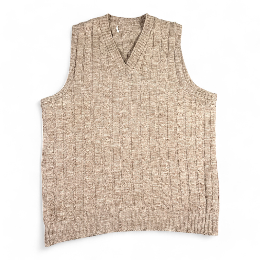 Vintage Sweater Vest Adult LARGE Brown Tan Cable Knit V Neck Oatmeal 80s